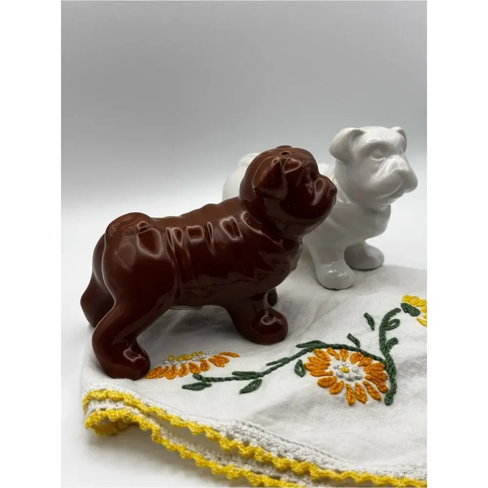 Ceramic Bulldog Salt & Pepper Shaker Set Brown & White Dog Kitchen Decor